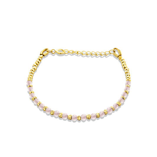 Bracelet perles doré Or jaune 18k assemblé de Quartz rose et Pyrite - Maison Di Giorgio