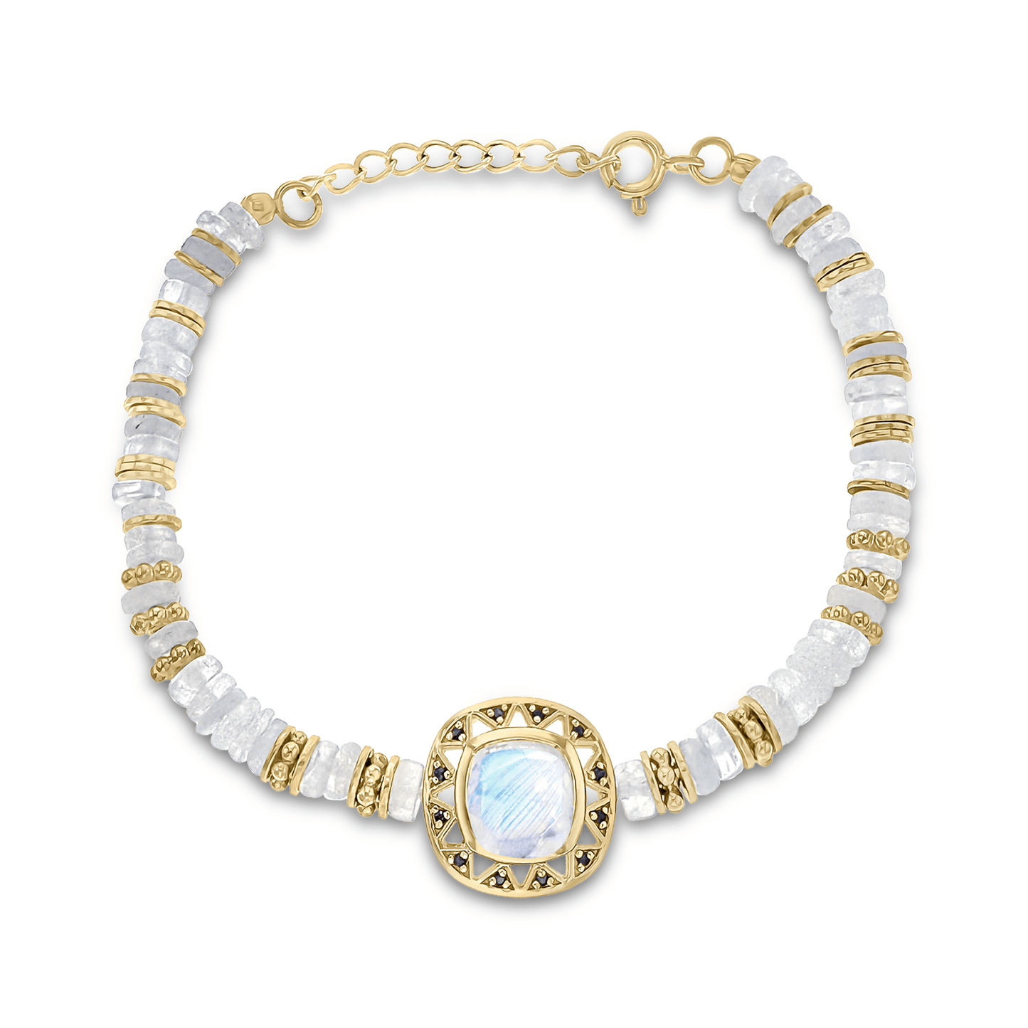Bracelet perles doré Or jaune 18k assemblé de pierre de lune et spinelle noire - Maison Di Giorgio