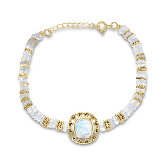 Bracelet perles doré Or jaune 18k assemblé de pierre de lune et spinelle noire - Maison Di Giorgio