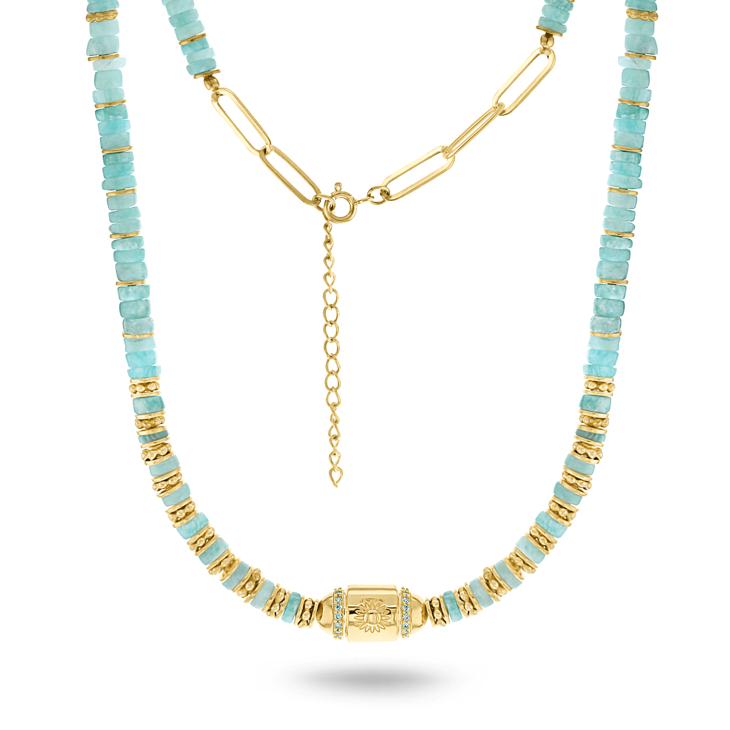 Collier perles doré Or jaune 18k assemblé d'amazonite et d'Oxyde de zirconium - Maison Di Giorgio