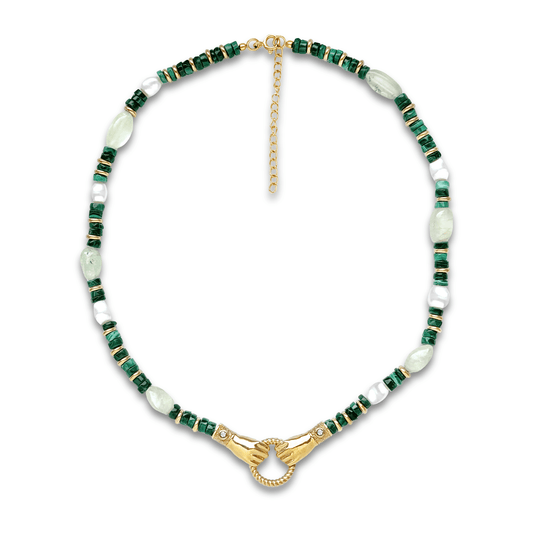 Collier perles doré Or jaune 18k assemblé de malachite, perle et pierre semi - précieuse verte - Maison Di Giorgio