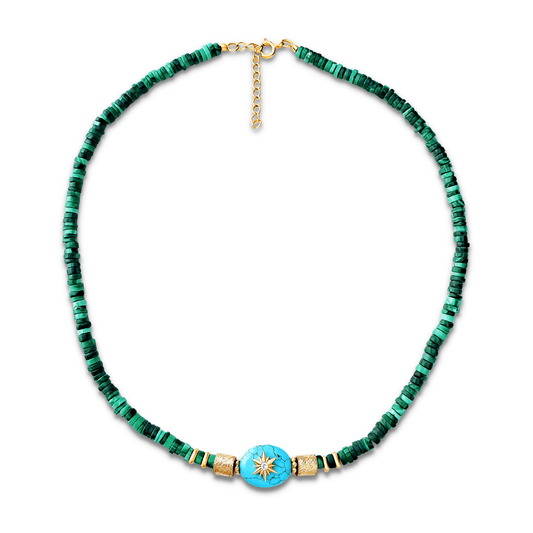 Collier doré Or jaune 18k assemblé de Turquoise, d'Oxyde de zirconiumi et de Malachite - Maison Di Giorgio