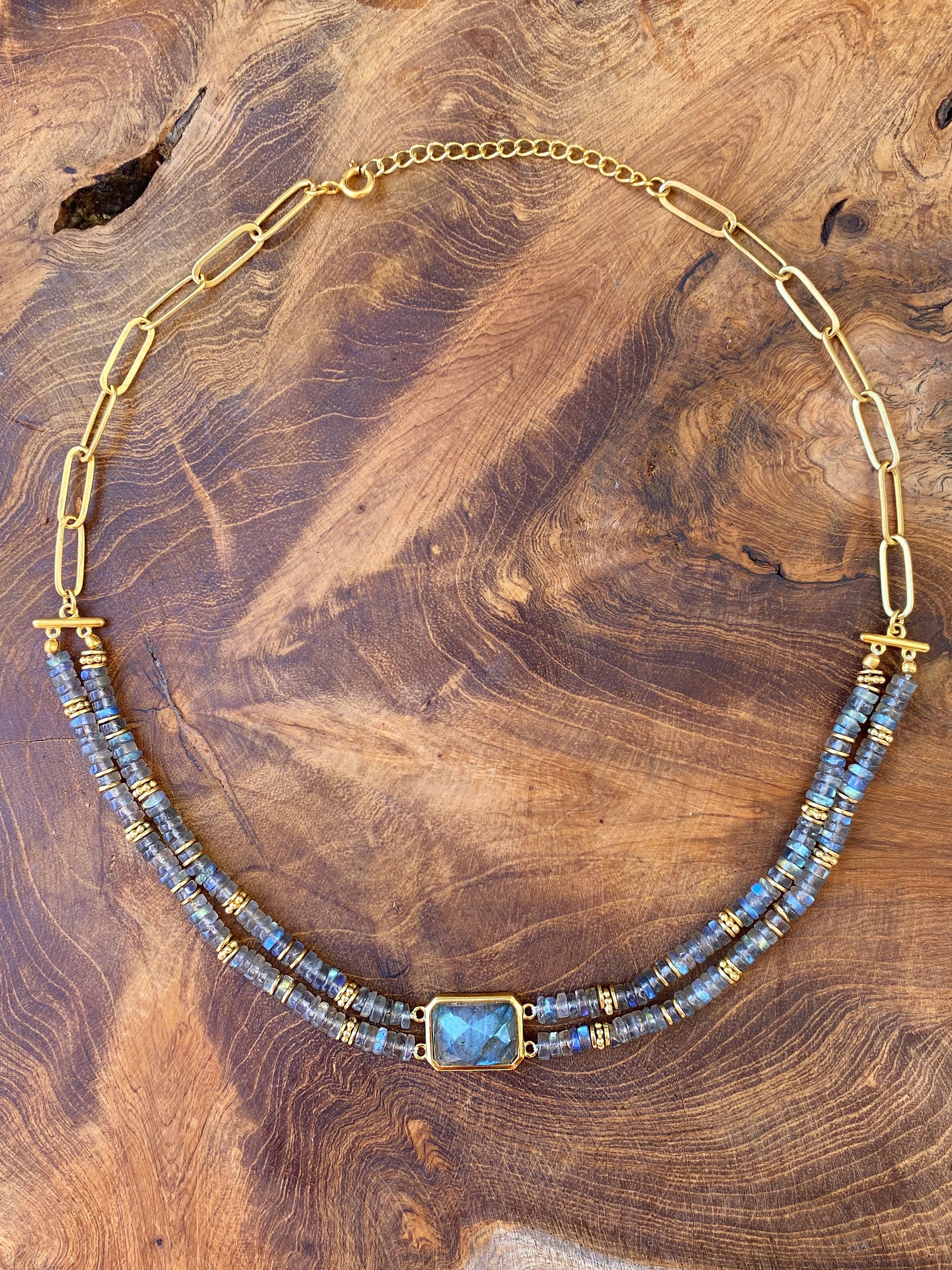 Collier perles doré Or jaune 18k assemblé de labradorite - Maison Di Giorgio