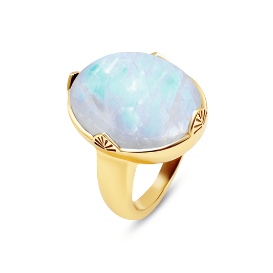 Bague dorée Or jaune 18k assemblée de Pierre de Lune arc - en - ciel - Maison Di Giorgio