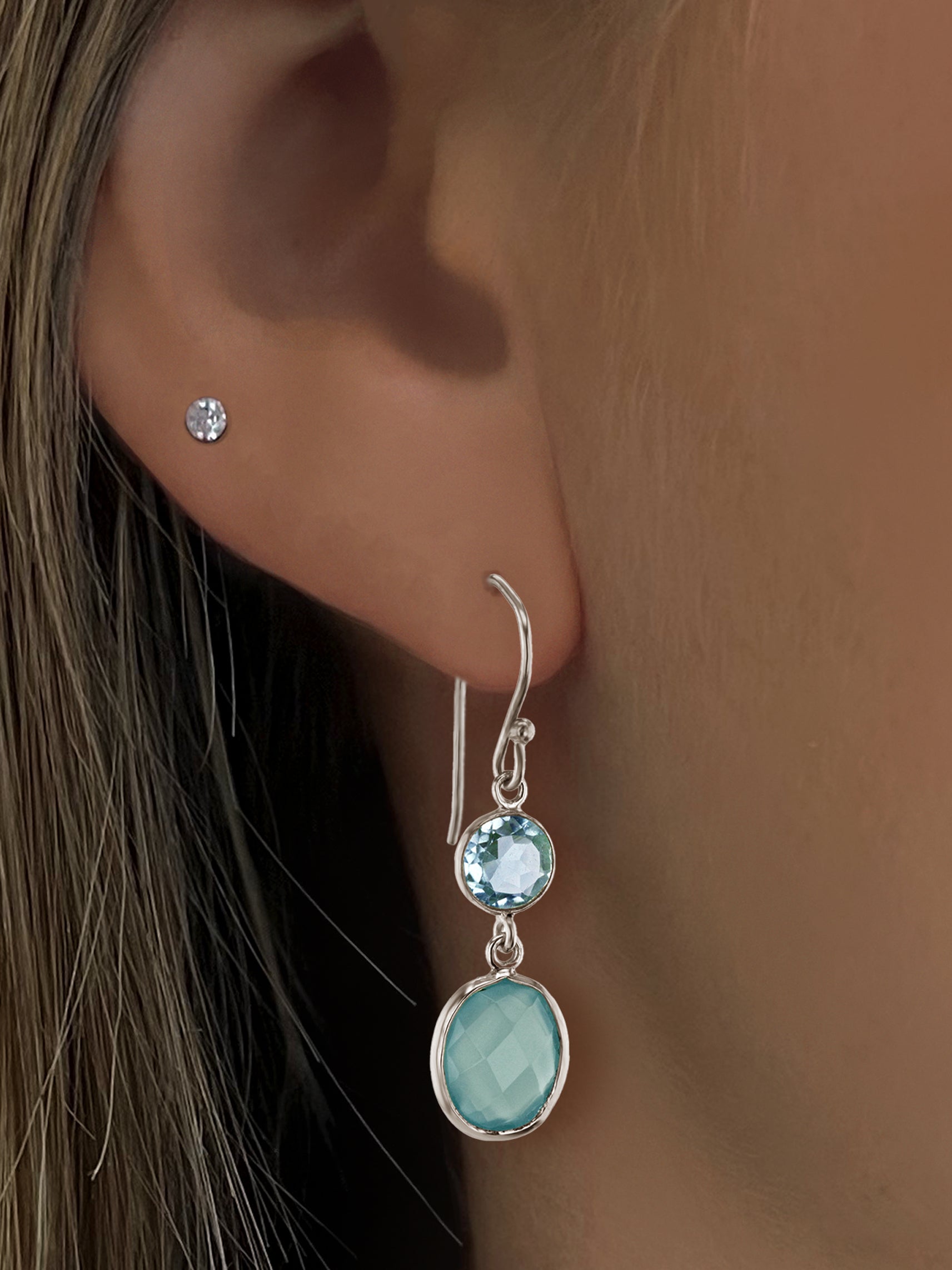 Boucles d'oreilles en Argent 925 plaqué Rhodium et assemblées de Topaze bleue et Calcédoine aqua - Maison Di Giorgio