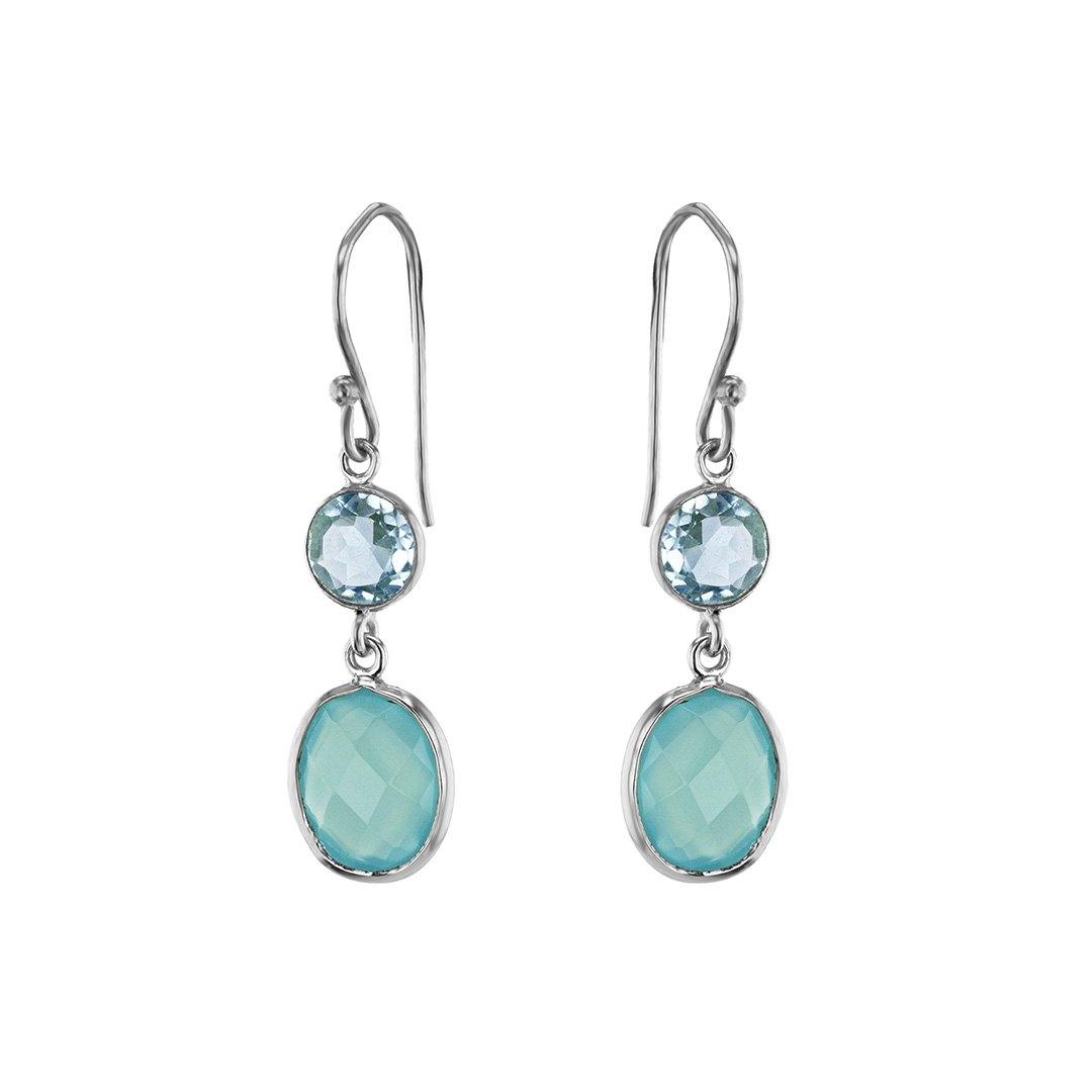 Boucles d'oreilles en Argent 925 plaqué Rhodium et assemblées de Topaze bleue et Calcédoine aqua - Maison Di Giorgio