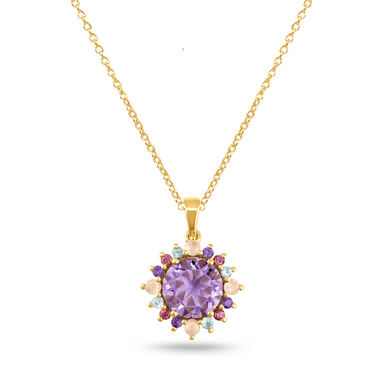 Pendentif en Or jaune 9k assemblé d'Améthyste rose, Quartz rose, Améthyste claire, Grenat rhodolite et de Topaze bleu ciel - Maison Di Giorgio