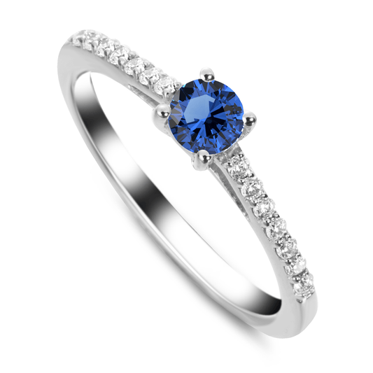 Bague en Or blanc 9k assemblée de Diamant HSI et Saphir bleu - Maison Di Giorgio