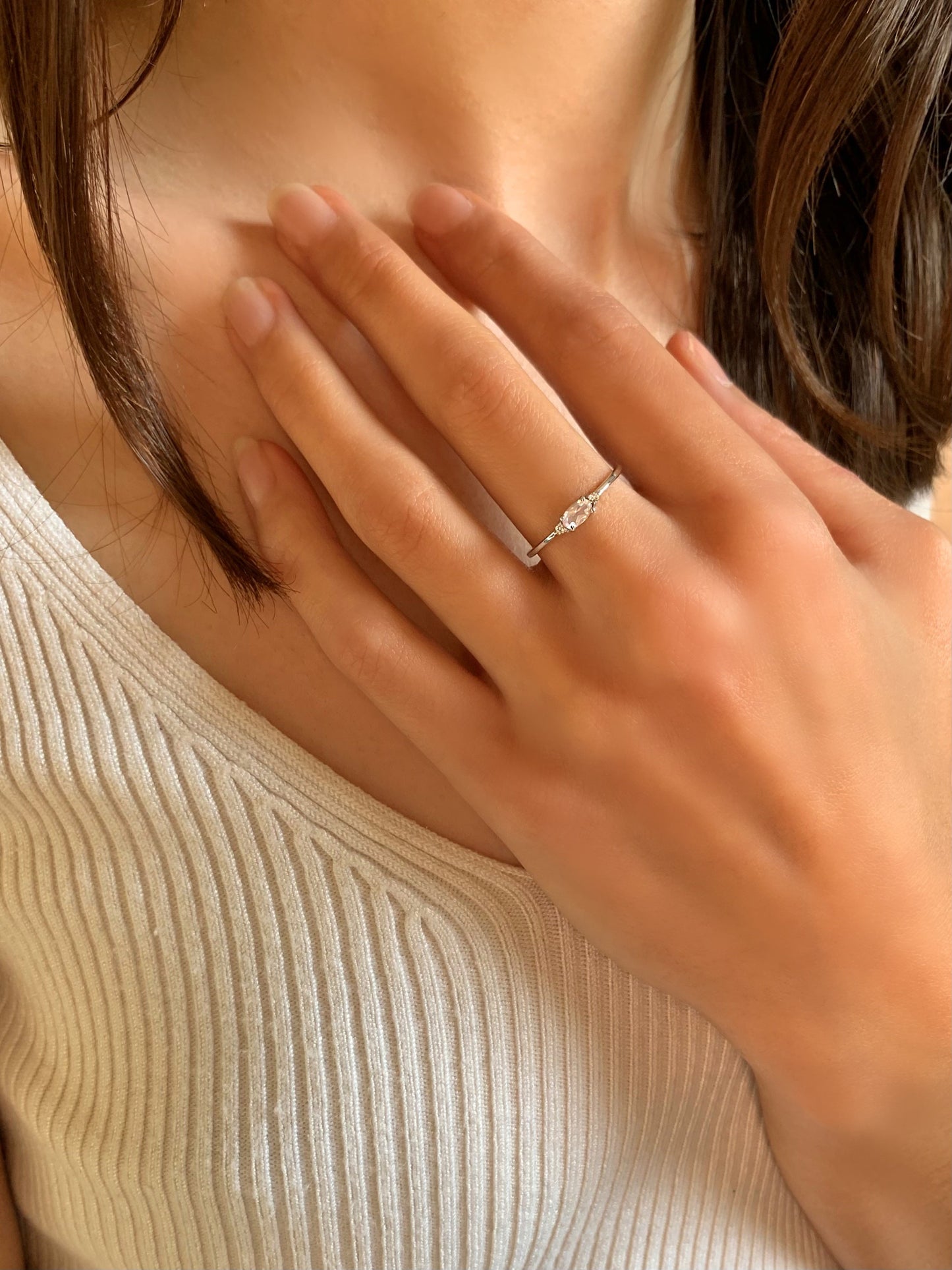 Bague en Or blanc 9k assemblée de Diamant HSI et Quartz rose - Maison Di Giorgio