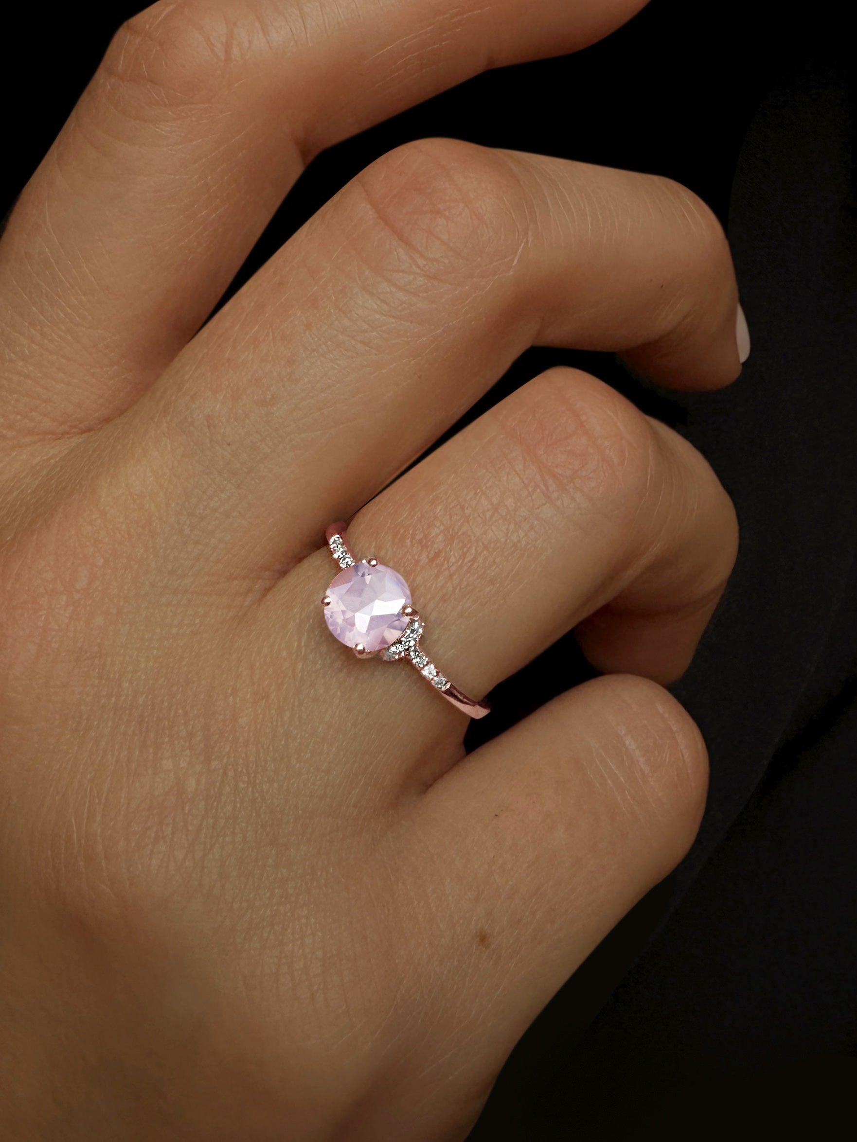 Bague en Or rose 9k assemblée de Diamant HSI et Quartz rose - Maison Di Giorgio