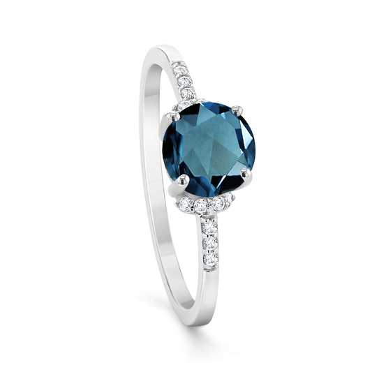 Bague en Or blanc 9k assemblée de Diamant HSI et Topaze bleu Londres - Maison Di Giorgio