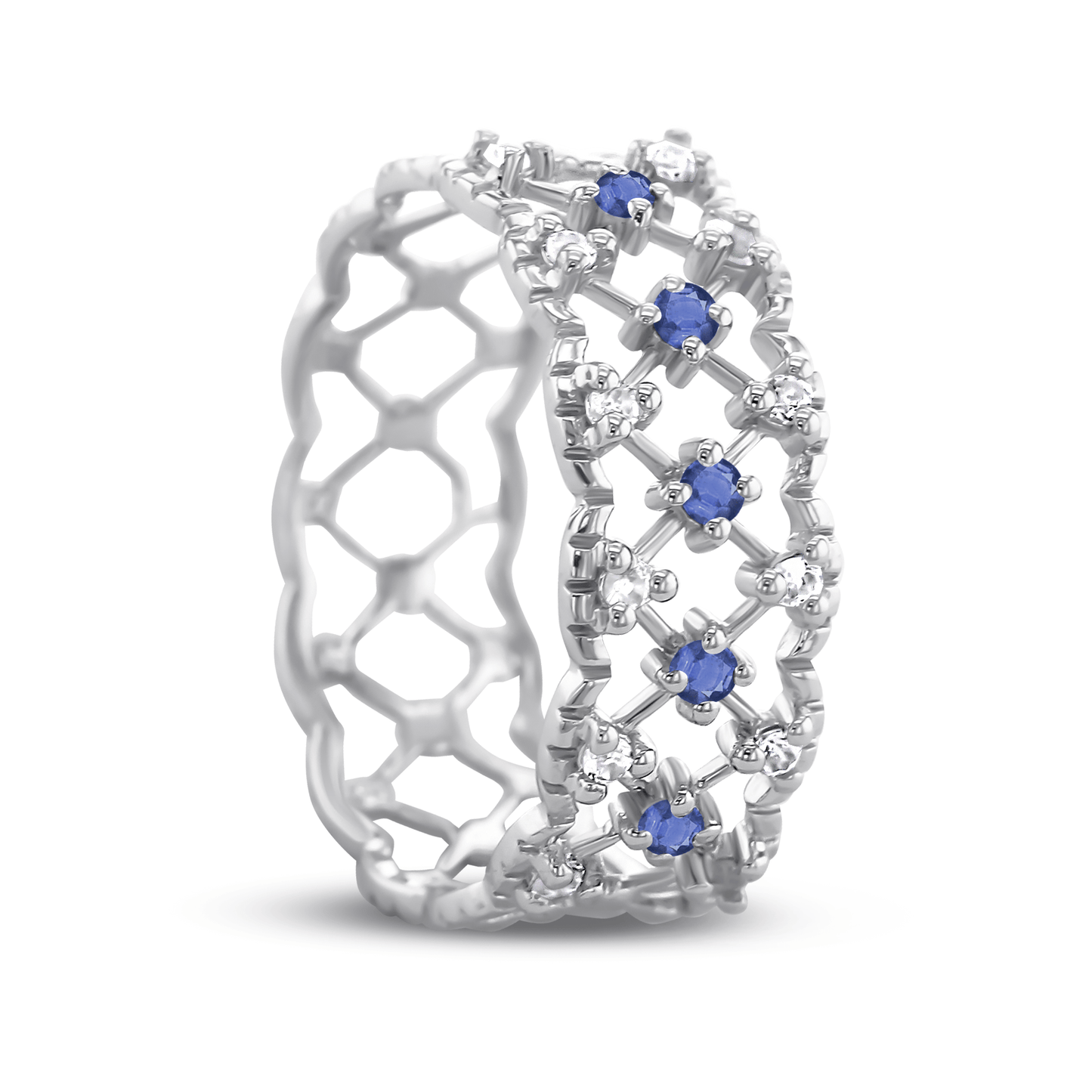 Bague en Or blanc 9k assemblée de Topaze blanche et Saphir bleu - Maison Di Giorgio