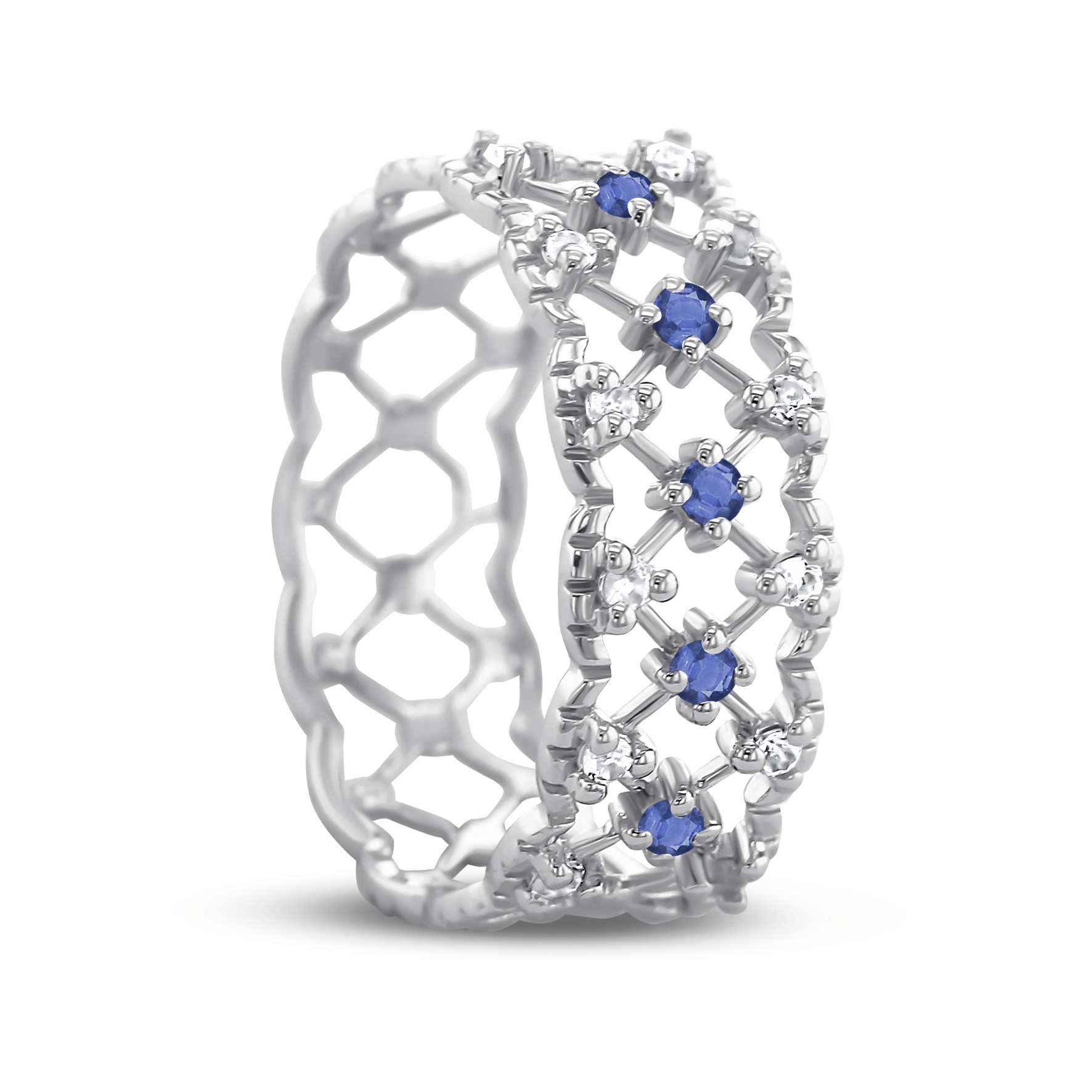 Bague en Or blanc 9k assemblée de Topaze blanche et Saphir bleu - Maison Di Giorgio