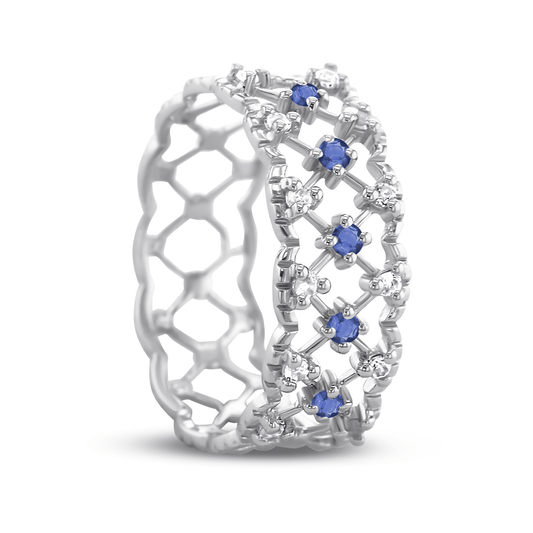 Bague en Or blanc 9k assemblée de Topaze blanche et Saphir bleu - Maison Di Giorgio
