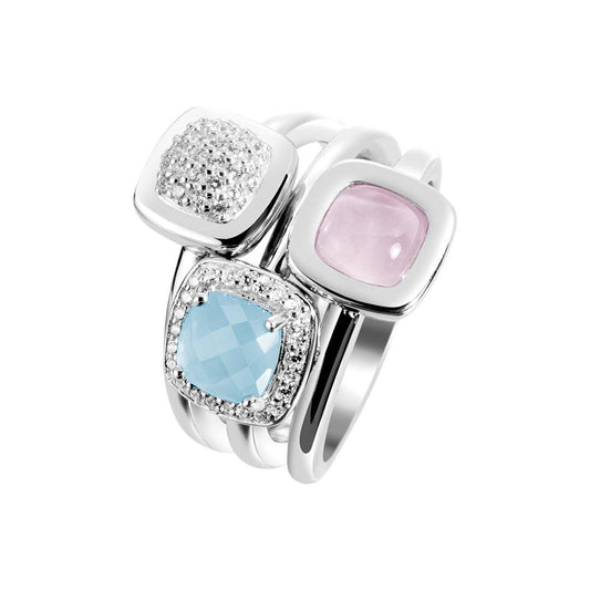 Bague en Argent 925 plaqué Rhodium assemblée de Calcédoine rose, Calcédoine aqua et Oxyde de zirconium - Maison Di Giorgio