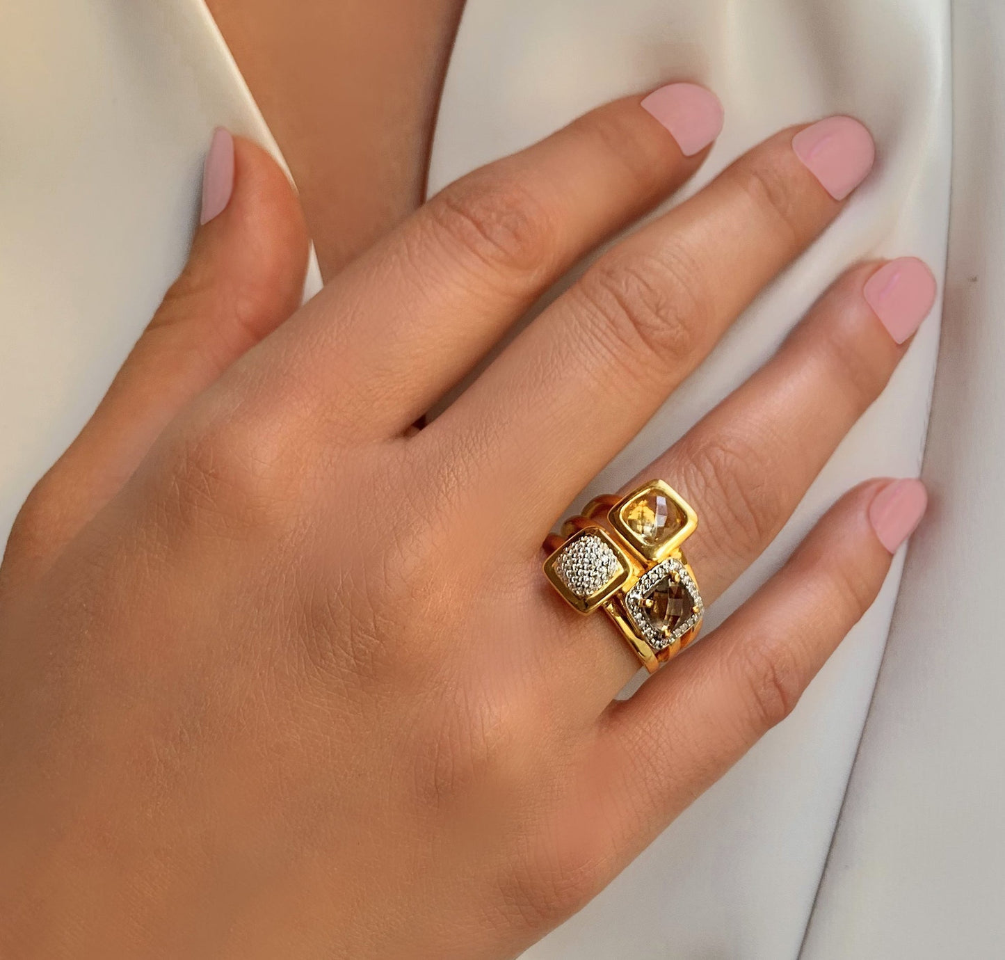 Bague en Argent 925 doré Or jaune 18k assemblée de Quartz fumé, Quartz citron et Oxyde de zirconium - Maison Di Giorgio