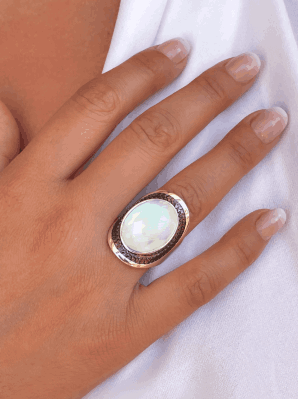 Bague en Argent 925 partiellement doré Or jaune 18k assemblée de Pierre de lune - Maison Di Giorgio