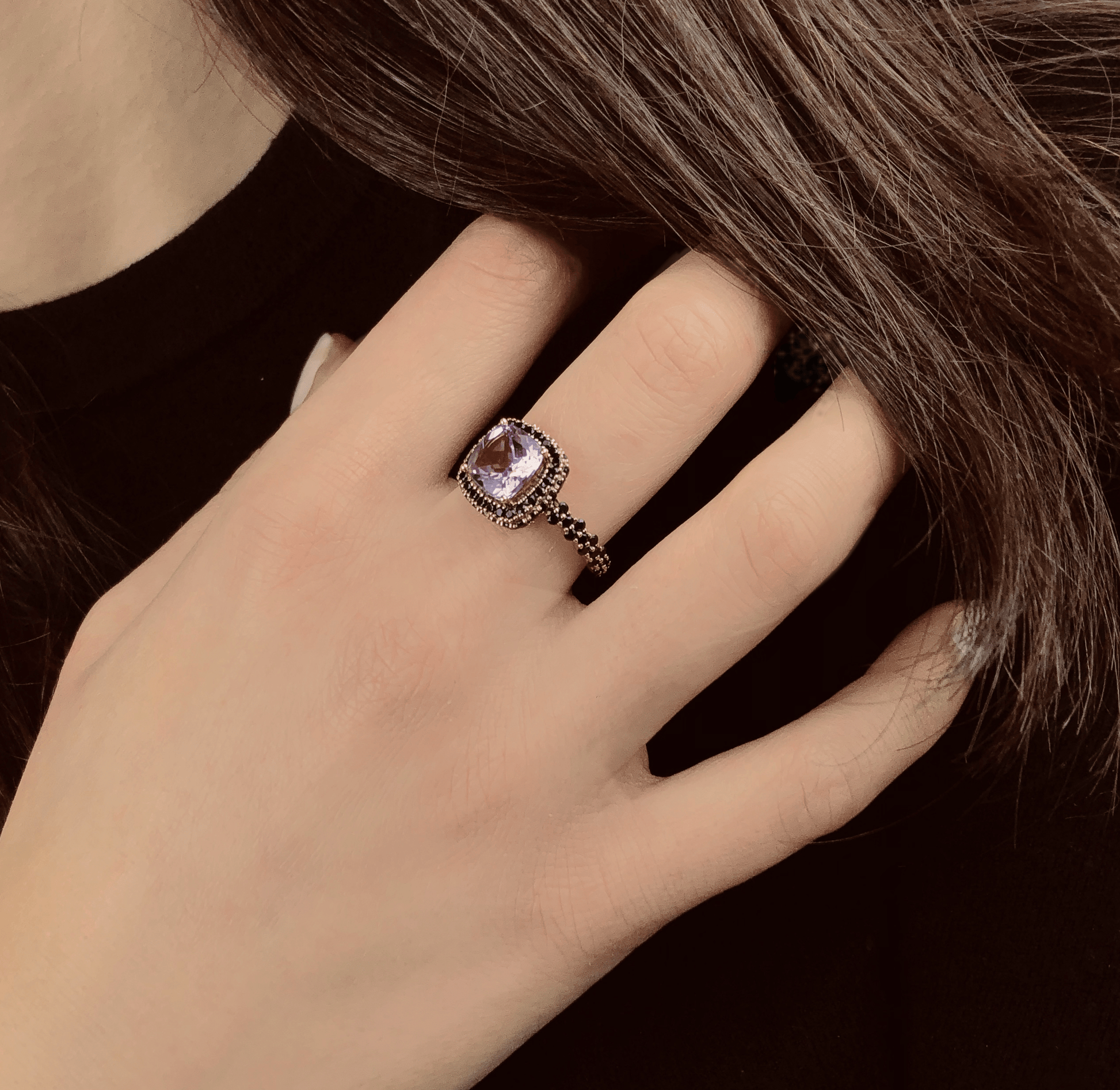 Bague en Argent 925 doré Or rose 18k assemblée d'Améthyste et Spinelle noire - Maison Di Giorgio