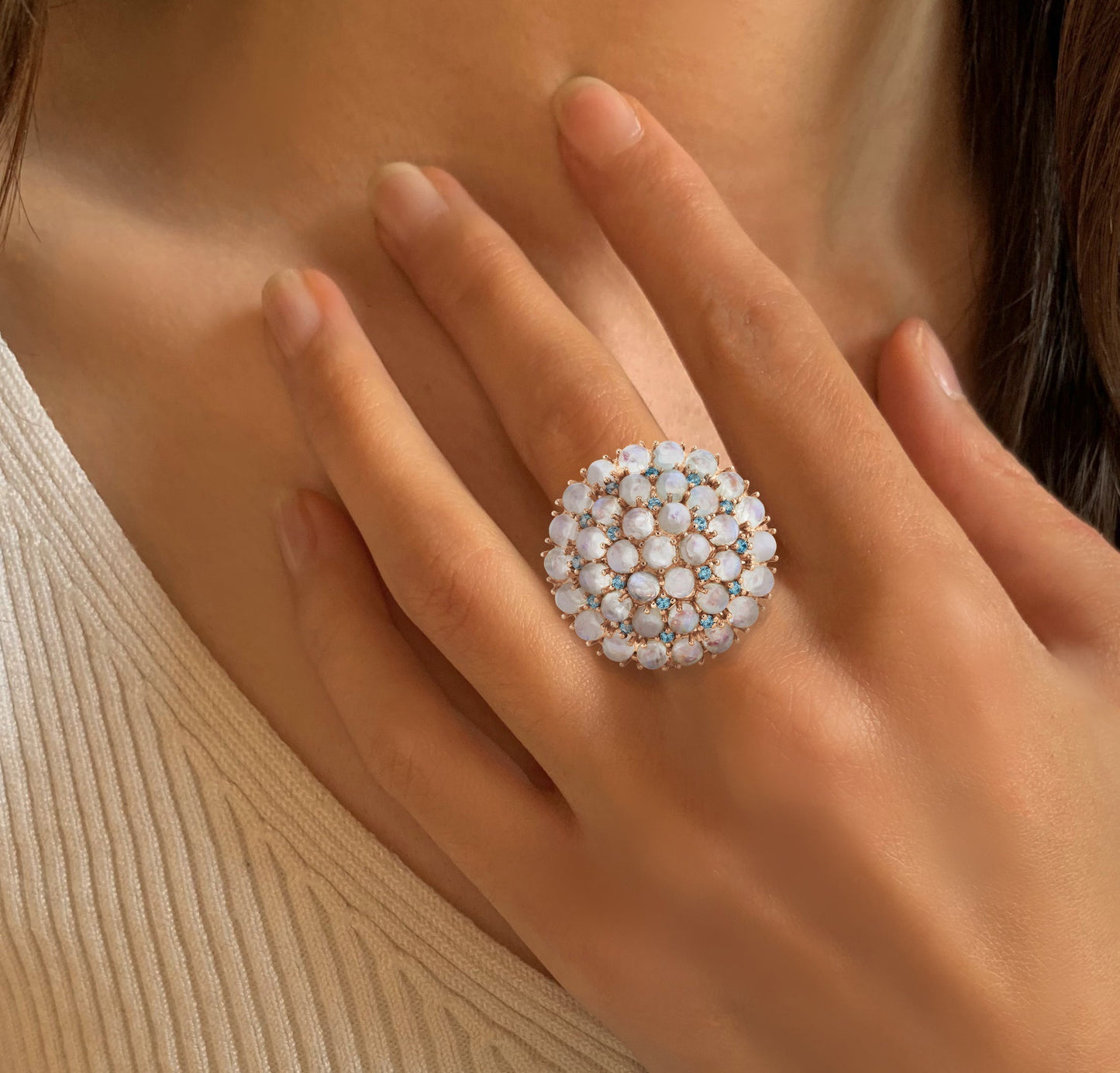 Bague en Argent 925 doré Or rose 18k assemblée de Pierre de lune et Topaze bleu suisse - Maison Di Giorgio