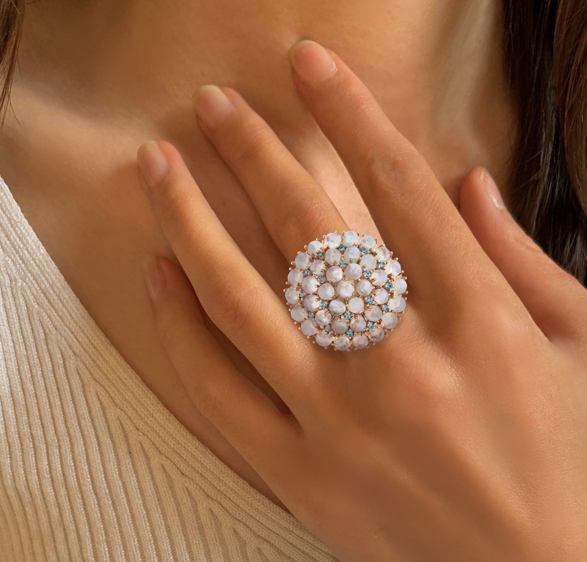 Bague en Argent 925 doré Or rose 18k assemblée de Pierre de lune et Topaze bleu suisse - Maison Di Giorgio