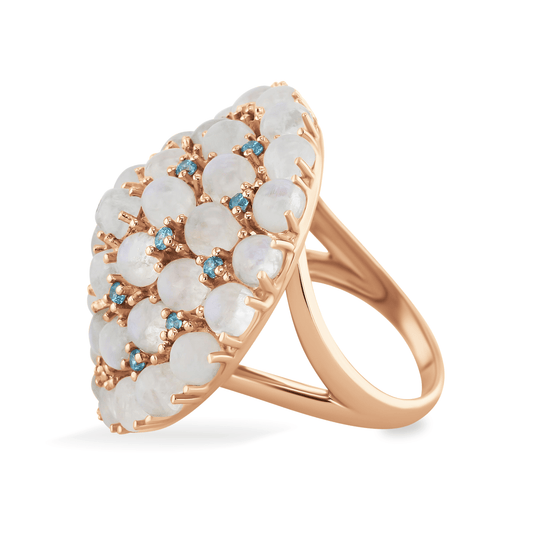 Bague en Argent 925 doré Or rose 18k assemblée de Pierre de lune et Topaze bleu suisse - Maison Di Giorgio