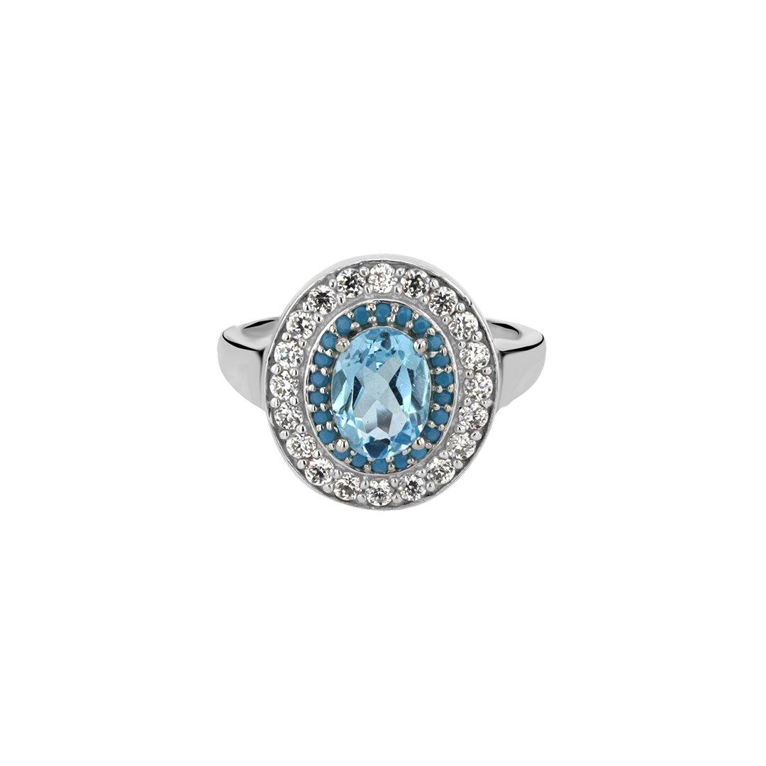 Bague en Argent 925 plaqué Rhodium assemblée de Topaze bleu ciel, Turquoise nano et Oxyde de zirconium - Maison Di Giorgio