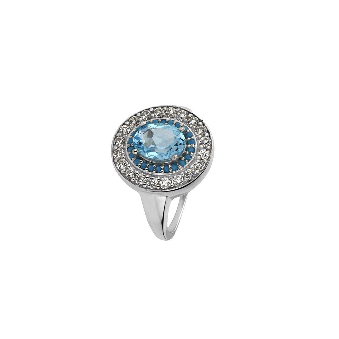 Bague en Argent 925 plaqué Rhodium assemblée de Topaze bleu ciel, Turquoise nano et Oxyde de zirconium - Maison Di Giorgio