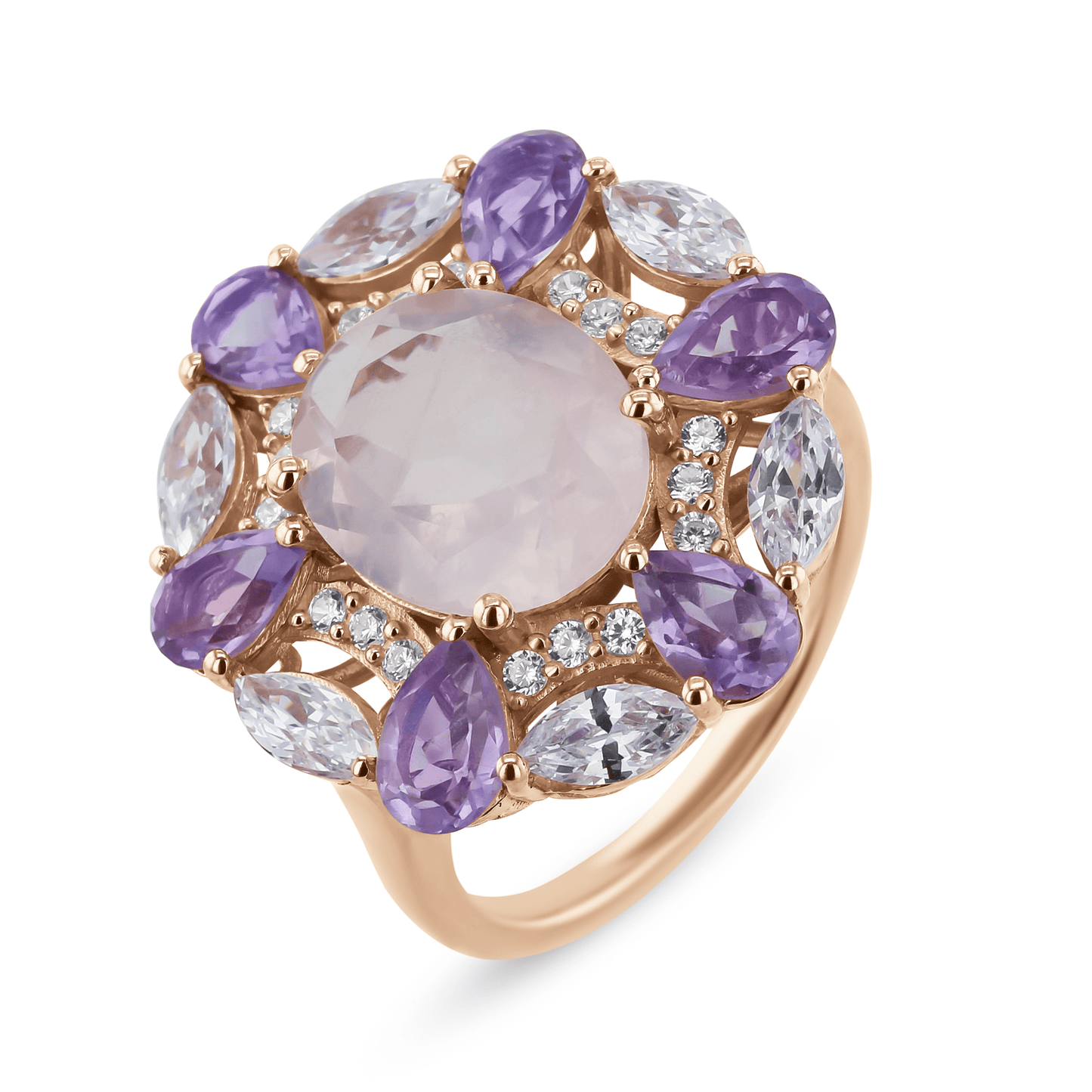 Bague en Argent 925 doré Or rose 18k assemblée de Quartz rose, Améthyste et Oxyde de zirconium - Maison Di Giorgio