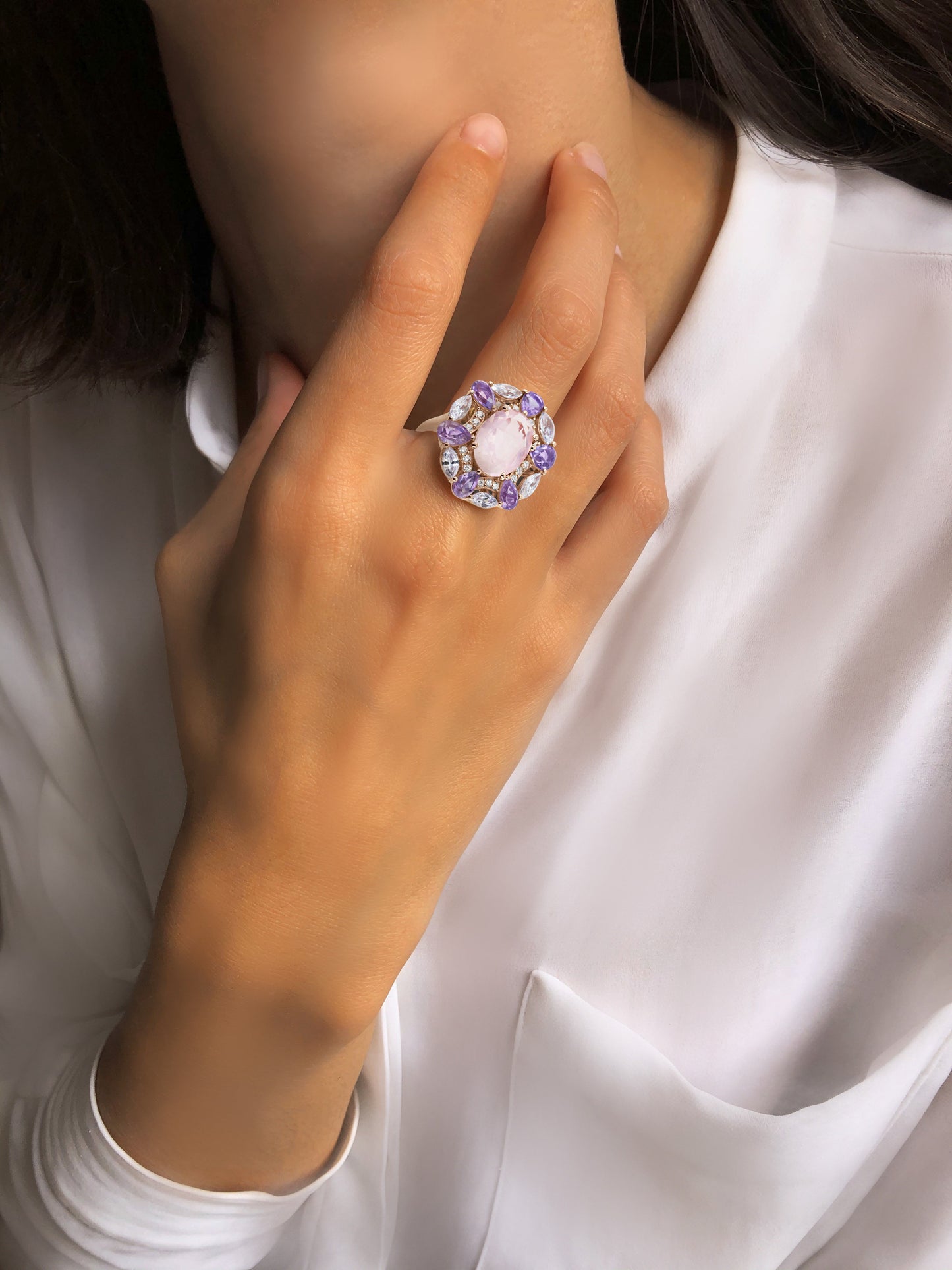 Bague en Argent 925 doré Or rose 18k assemblée de Quartz rose, Améthyste et Oxyde de zirconium - Maison Di Giorgio