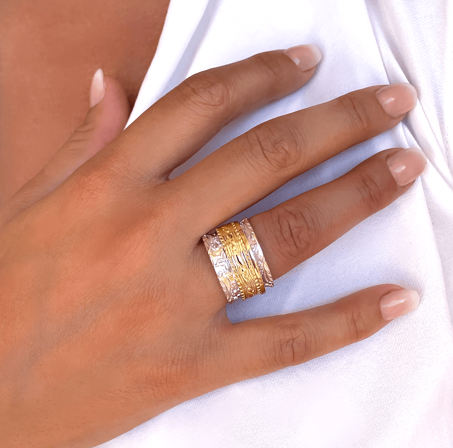 Bague en Argent 925 plaqué Rhodium et Or jaune 18k assemblée d'oxyde de zirconium blanc - Maison Di Giorgio