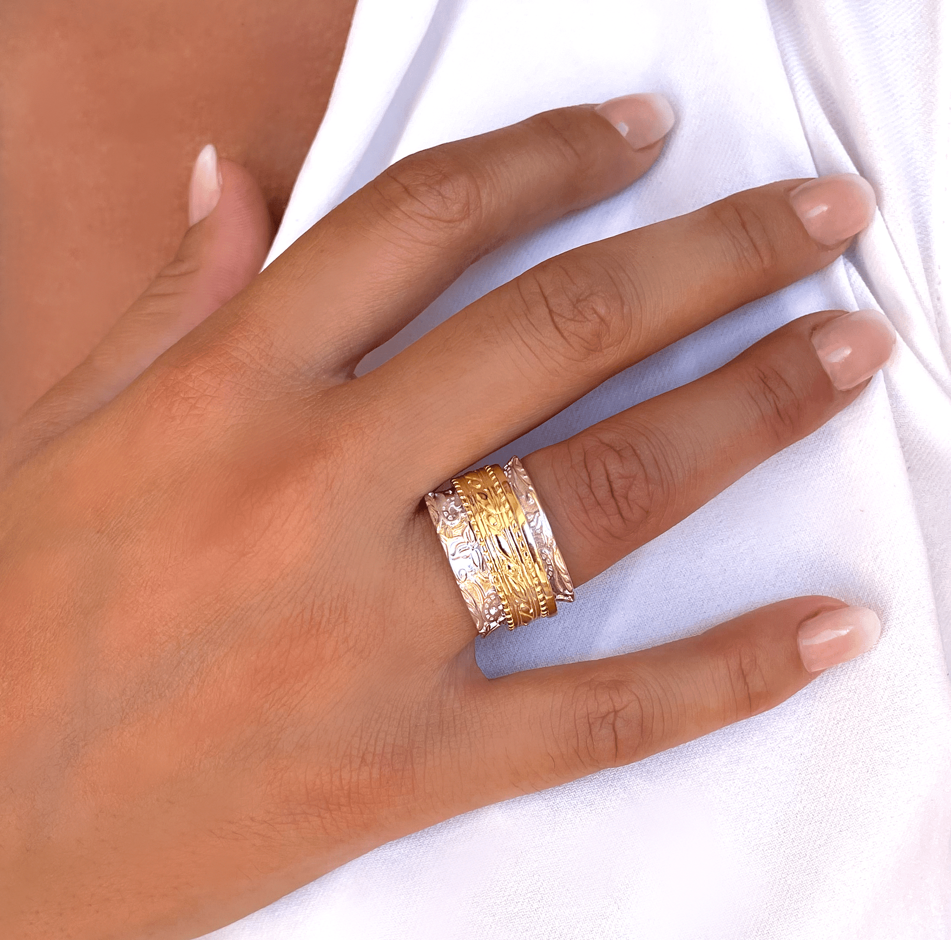 Bague en Argent 925 plaqué Rhodium et Or jaune 18k assemblée d'oxyde de zirconium blanc - Maison Di Giorgio