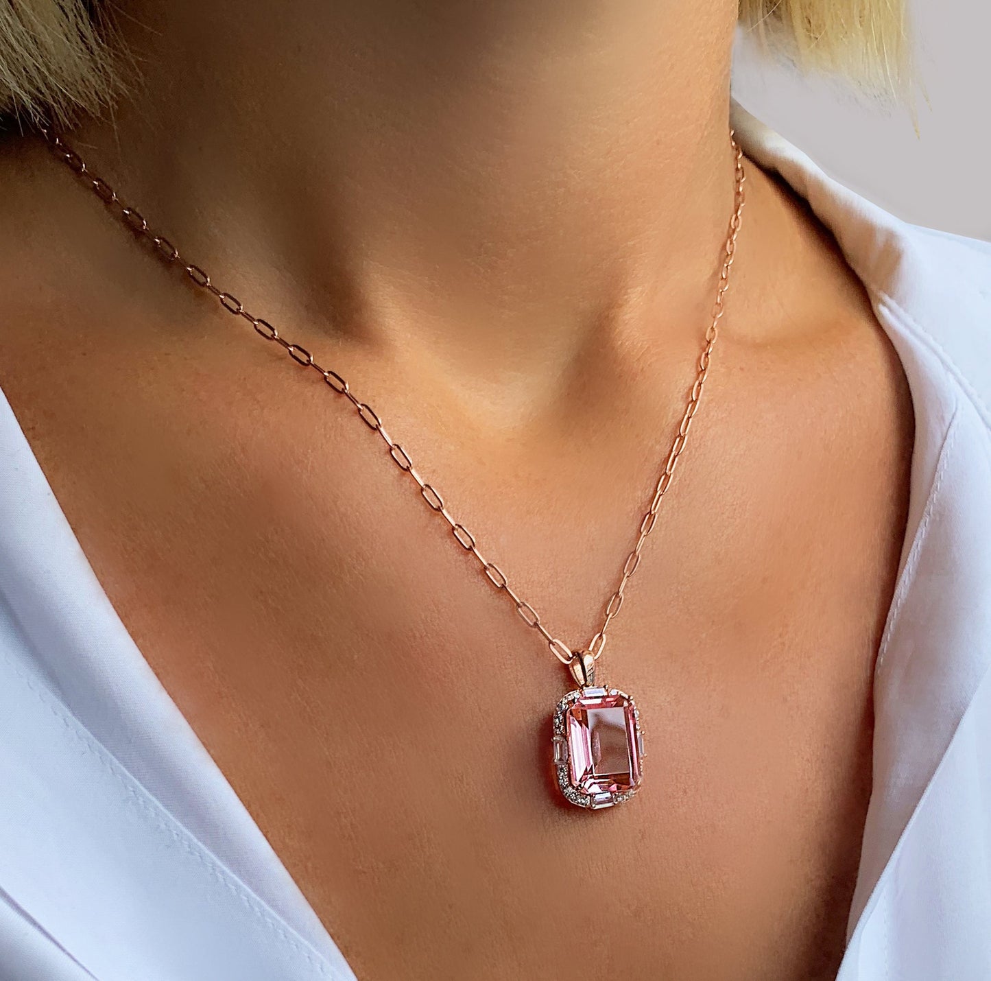 Collier en Argent 925 doré Or rose 18k assemblé de Quartz rose - Maison Di Giorgio