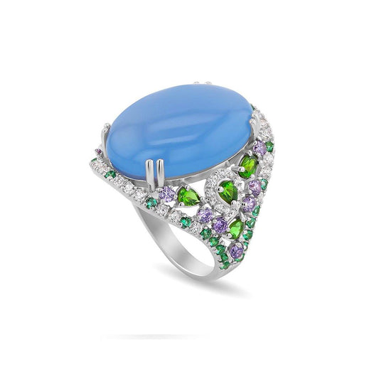 Bague en Argent 925 plaqué Rhodium assemblée de Calcédoine bleue, Oxyde de zirconium bleu et Oxyde de zirconium vert - Maison Di Giorgio