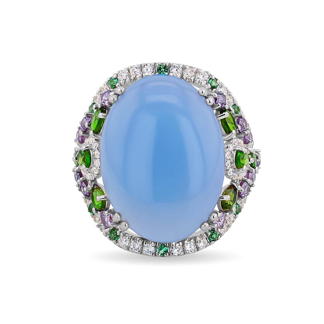 Bague en Argent 925 plaqué Rhodium assemblée de Calcédoine bleue, Oxyde de zirconium bleu et Oxyde de zirconium vert - Maison Di Giorgio