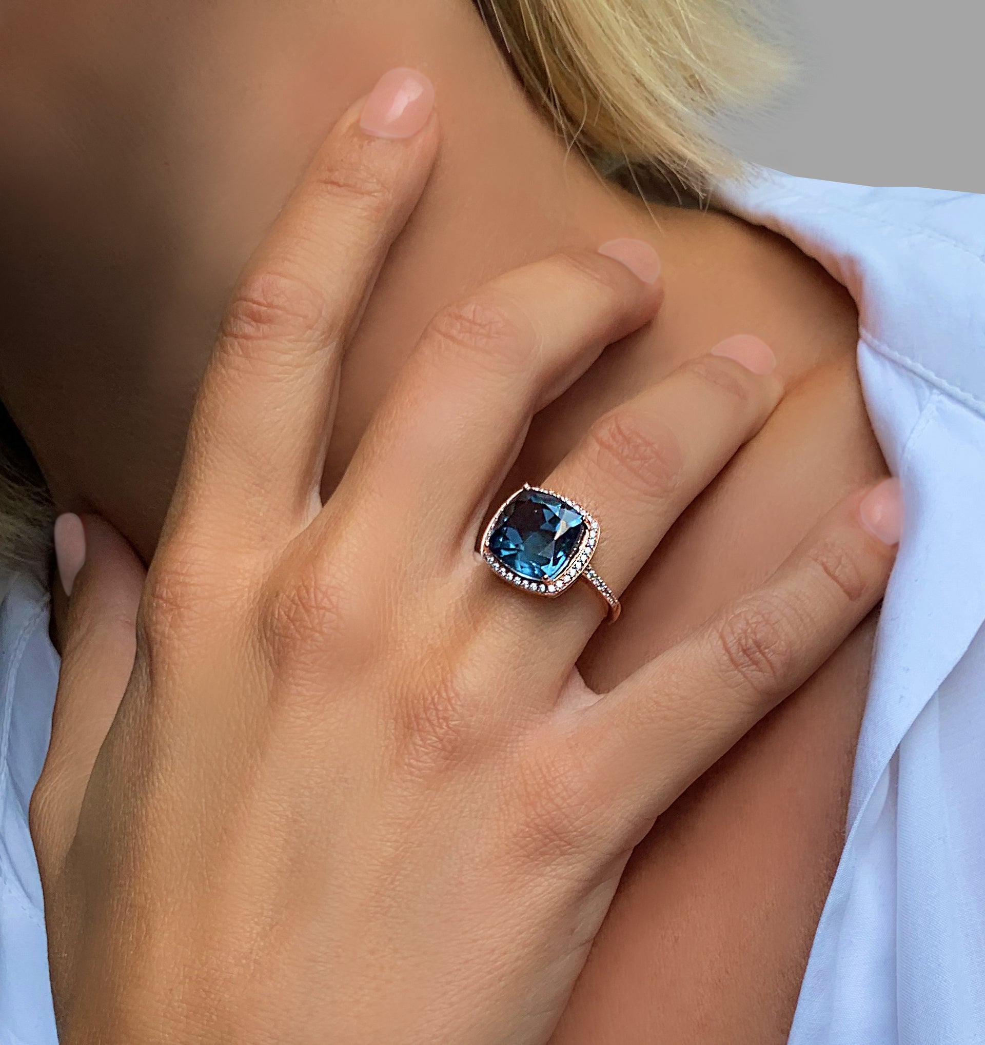 Bague en Argent 925 doré Or rose 18k assemblée de Topaze bleu Londres - Maison Di Giorgio