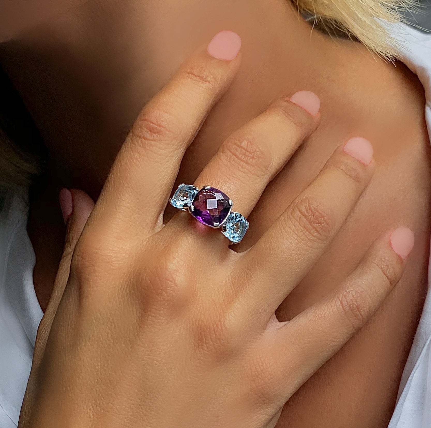 Bague en Argent 925 plaqué Rhodium et assemblée d'Améthyste et Topaze bleue - Maison Di Giorgio
