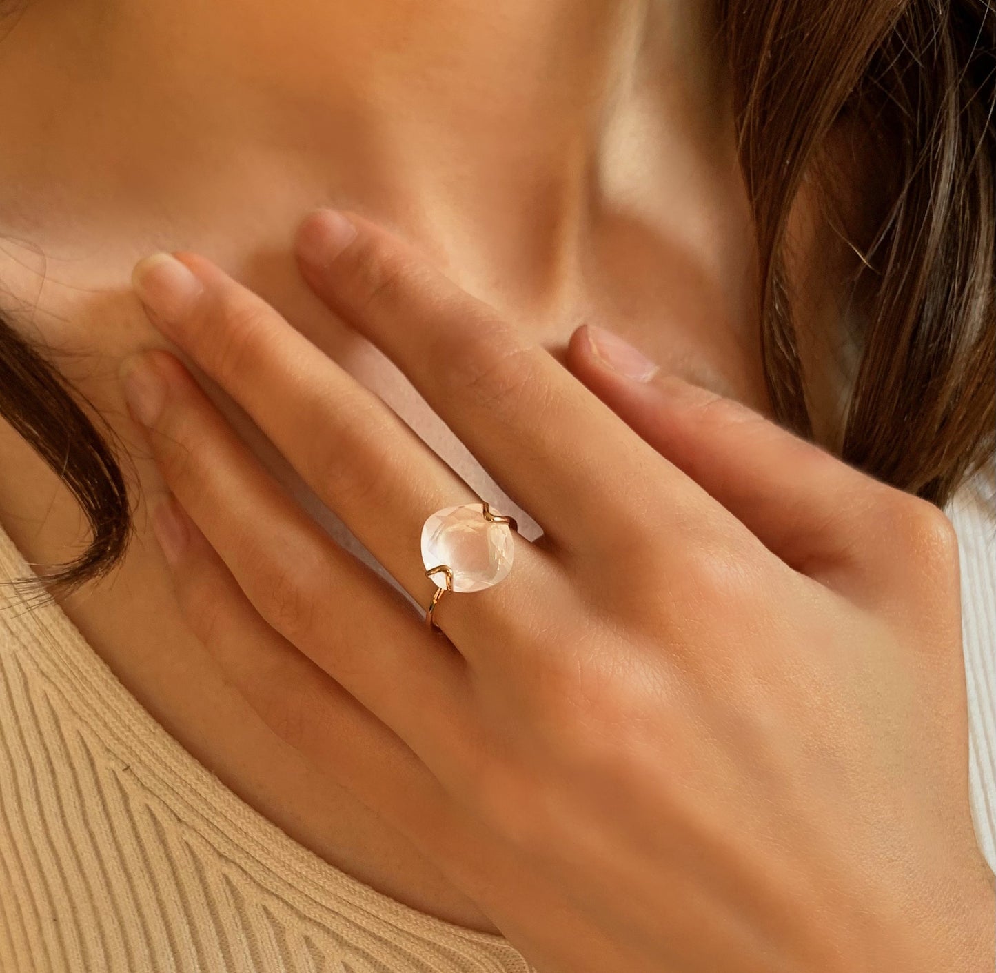 Bague en Argent 925 doré Or rose 18k assemblée de Quartz rose - Maison Di Giorgio