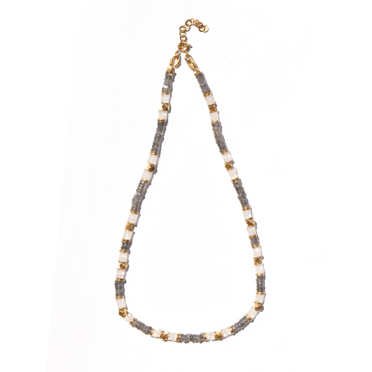 Collier perles doré Or jaune 18k assemblé de labradorite et pierre de lune - Maison Di Giorgio