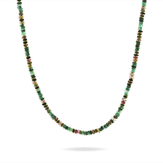 Collier perles doré Or jaune 18k assemblé d'émeraude et tourmaline - Maison Di Giorgio