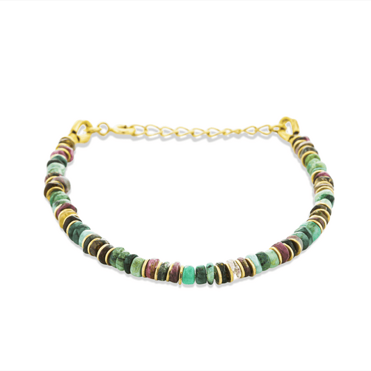 Bracelet perles doré Or jaune 18k assemblé d'émeraude et tourmaline - Maison Di Giorgio
