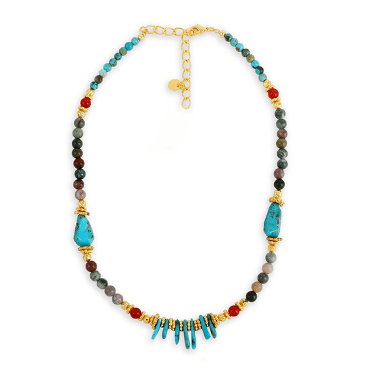 Collier perles doré Or jaune 18k assemblé de turquoise, onyx rouge et agate mousse - Maison Di Giorgio