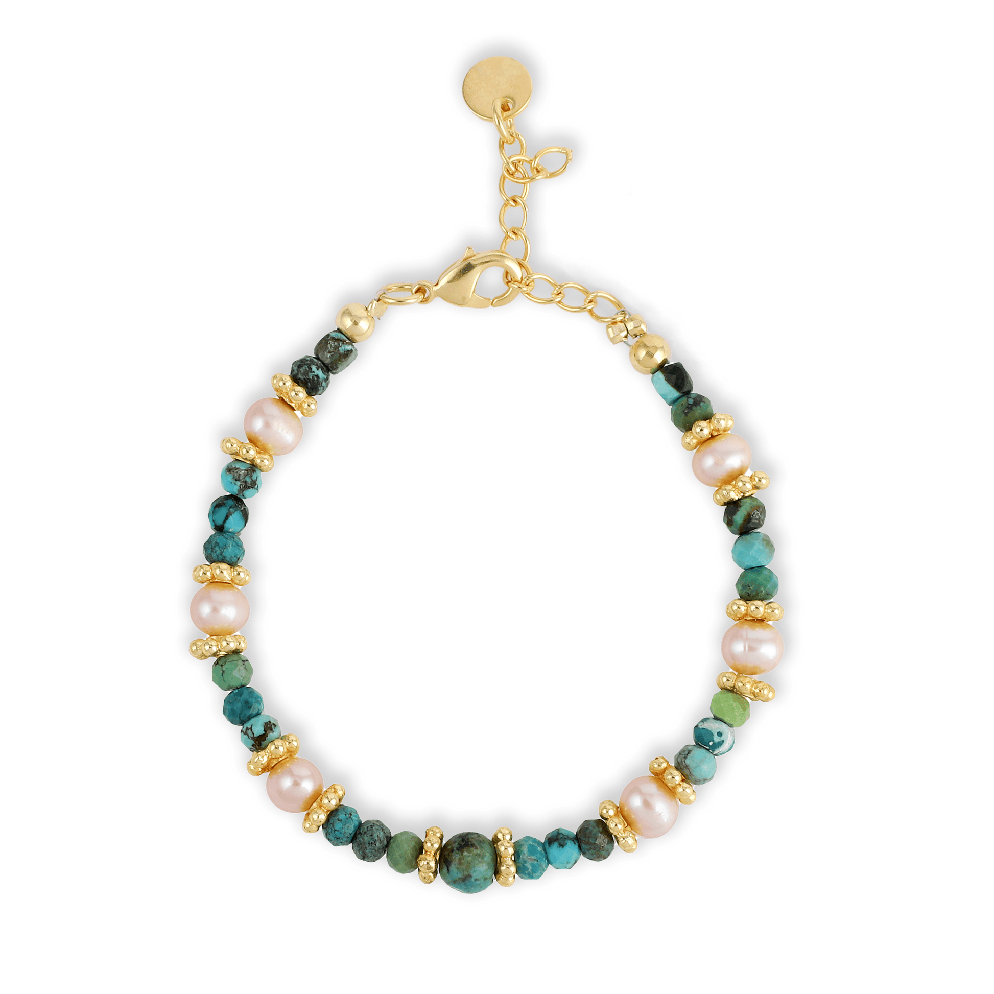 Bracelet perles doré Or jaune 18k assemblé de Turquoise et Perle d'eau douce - Maison Di Giorgio