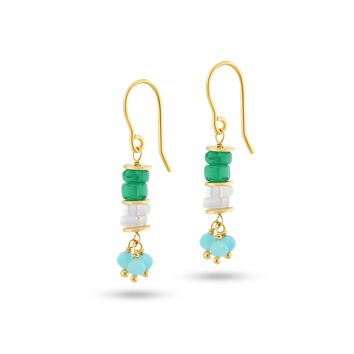 Boucles d'oreilles dorées Or jaune 18k assemblées de Pierre de lune, Onyx vert et Amazonite - Maison Di Giorgio