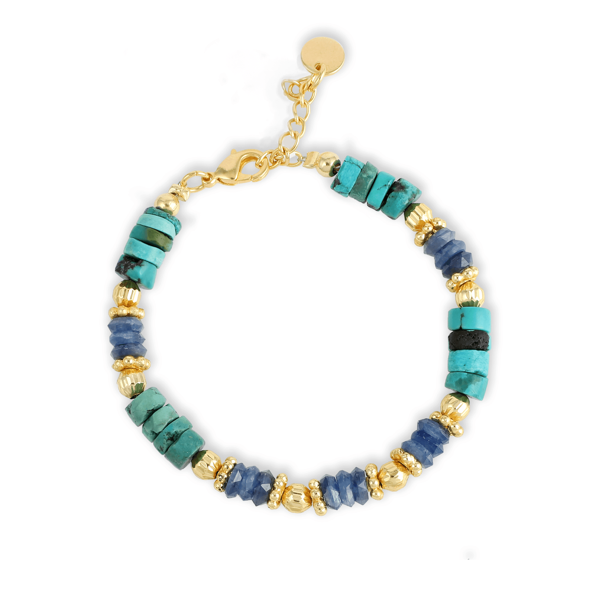 Bracelet perles doré Or jaune 18k assemblé de turquoise et cyanite - Maison Di Giorgio