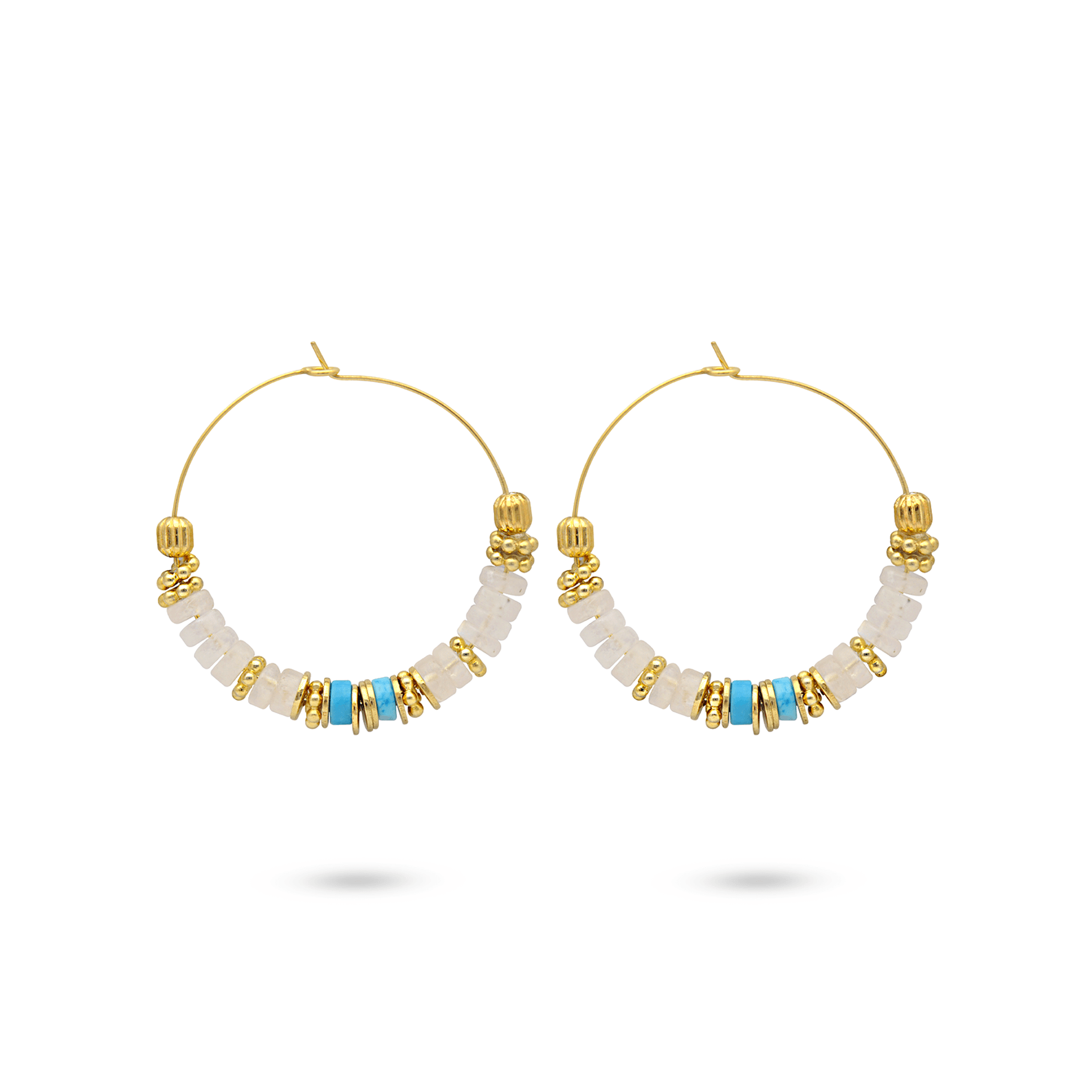 Boucles d'oreilles dorées Or jaune 18k assemblées de Pierre de lune et Turquoise - Maison Di Giorgio
