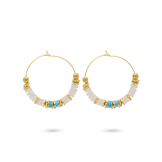 Boucles d'oreilles dorées Or jaune 18k assemblées de Pierre de lune et Turquoise - Maison Di Giorgio